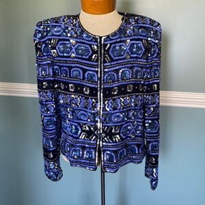 Vintage Adrianna Papell silk Heavily Beaded Sequin Jacket Blue Hook Front. Sz 10